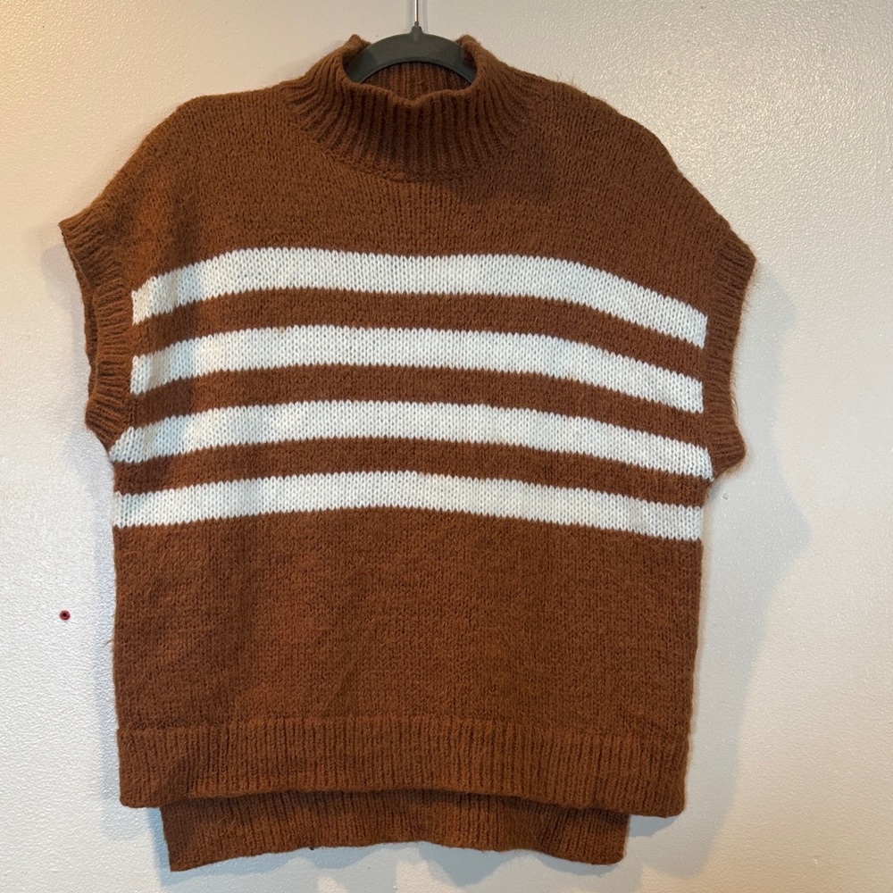 Oversized Striped Turtleneck Sweater Vest Brown Cream Cozy Knit Size Small